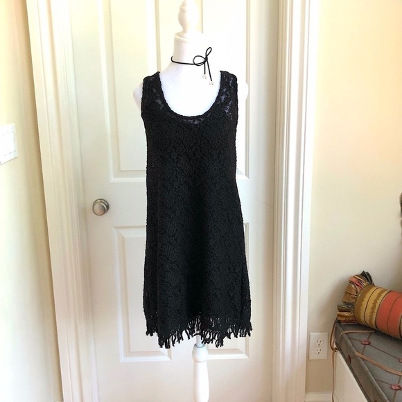 Patterson J. Kincaid Dress Black Floral Mesh Sleeveless Fringe Hem & Slip (M) - Picture 1 of 10